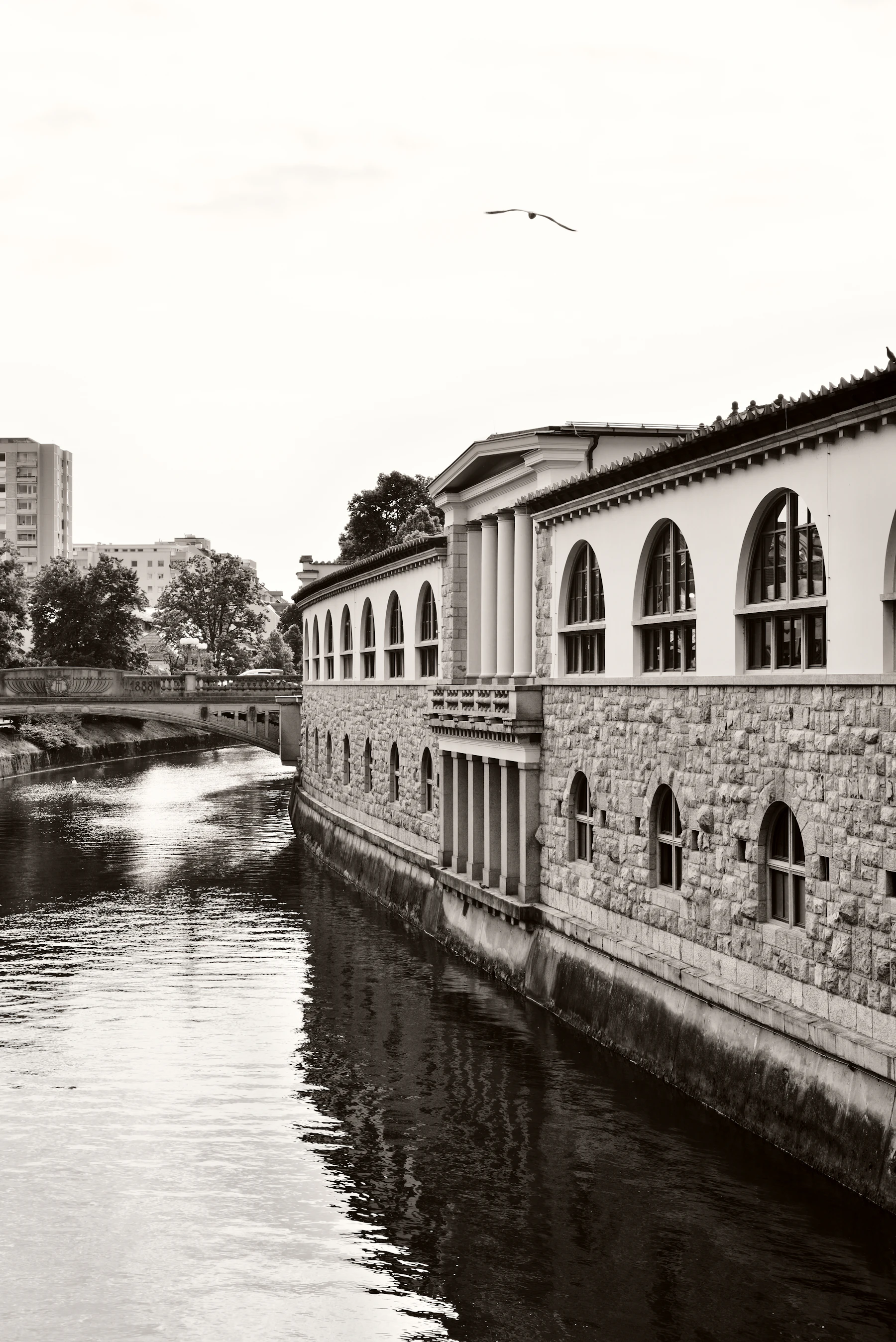 Riverside architecture along the Ljubljanica in Ljubljana
