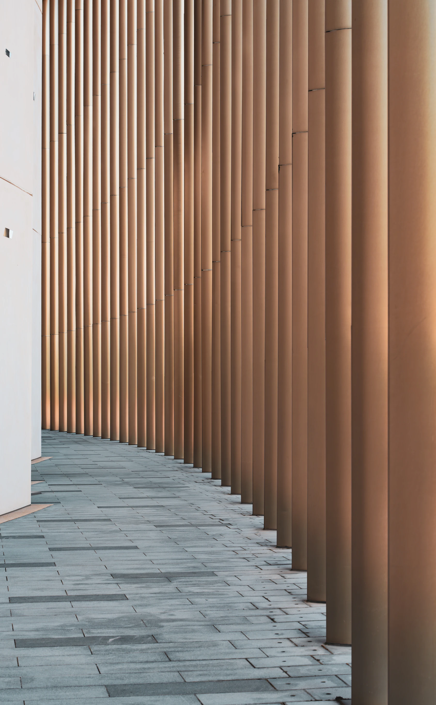 Curving passage defined by repeating bronze-coloured architectural fins