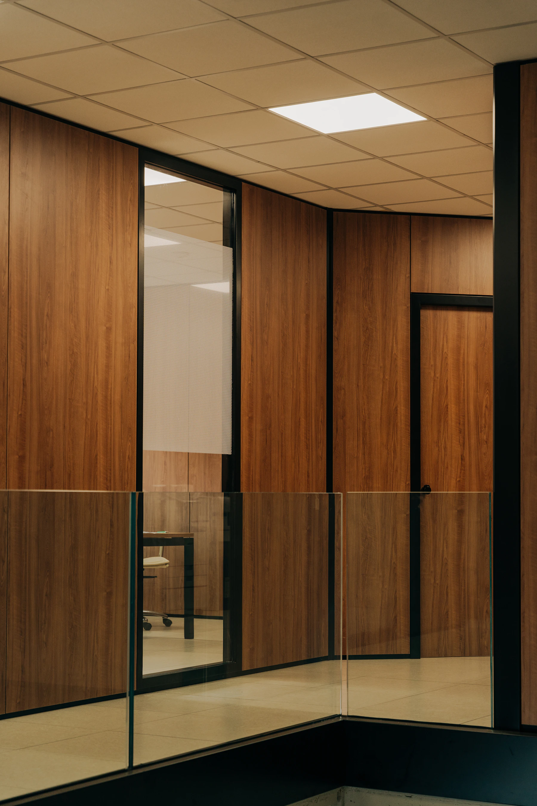 Warm timber panelling and glass partitions in a contemporary office interior